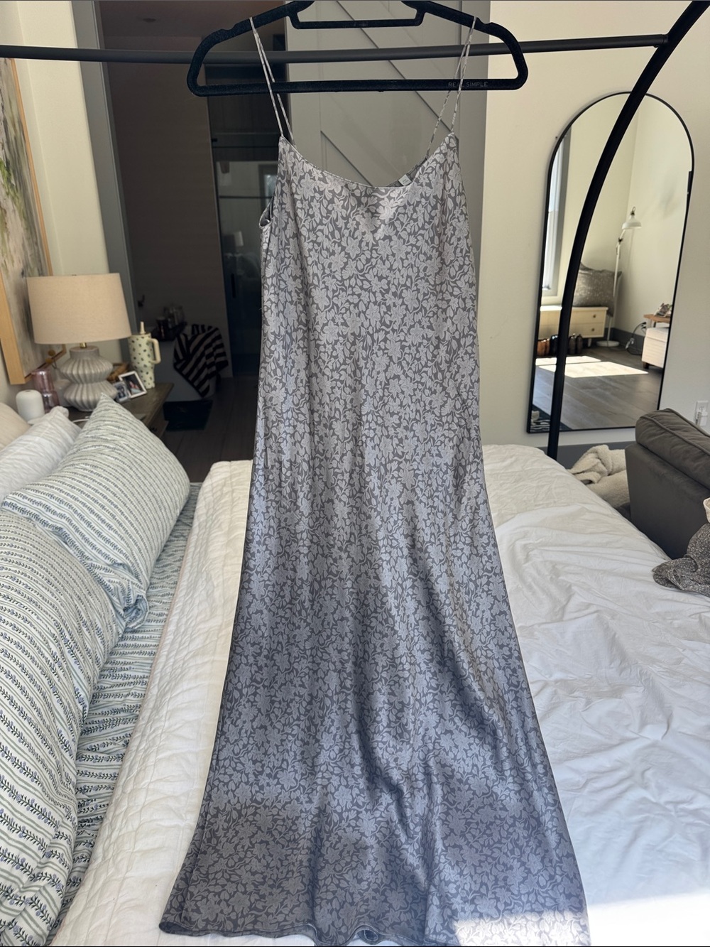 Vince Silver-Gray Floral Satin Maxi Slip Dress